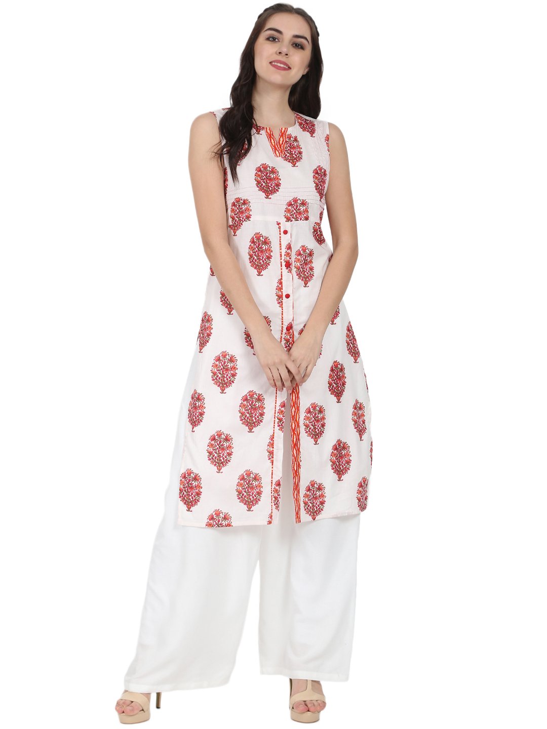 Women's Off White Printed Sleeveless Cotton Kurta