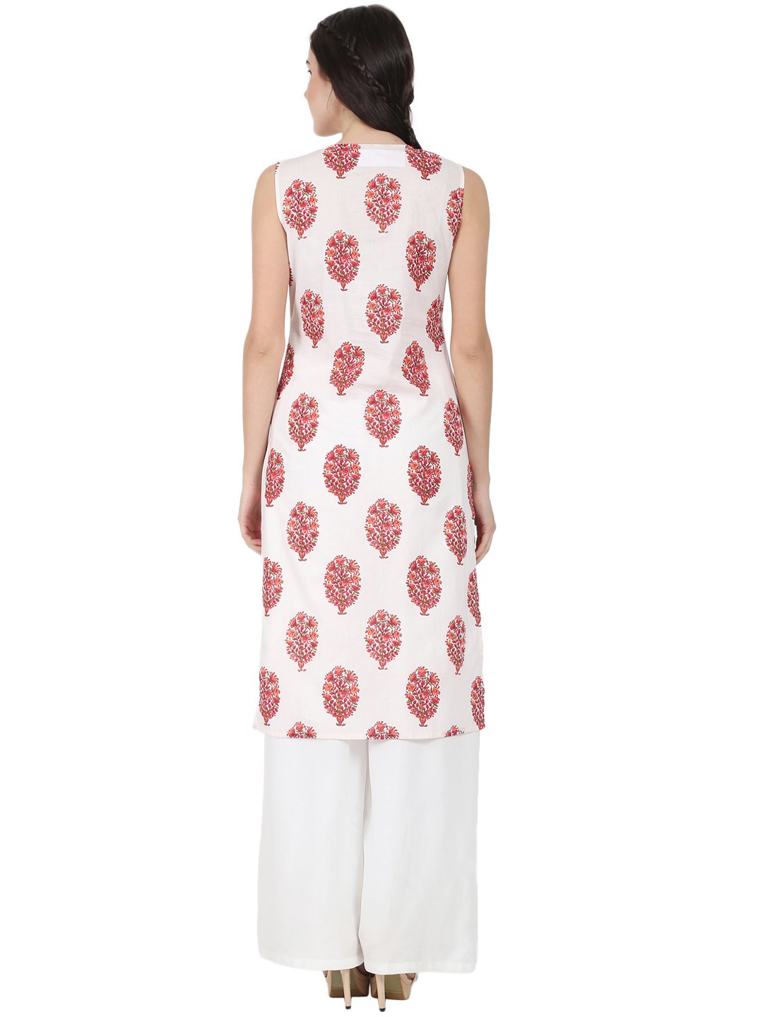 Women's Off White Printed Sleeveless Cotton Kurta
