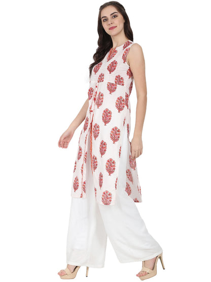Women's Off White Printed Sleeveless Cotton Kurta