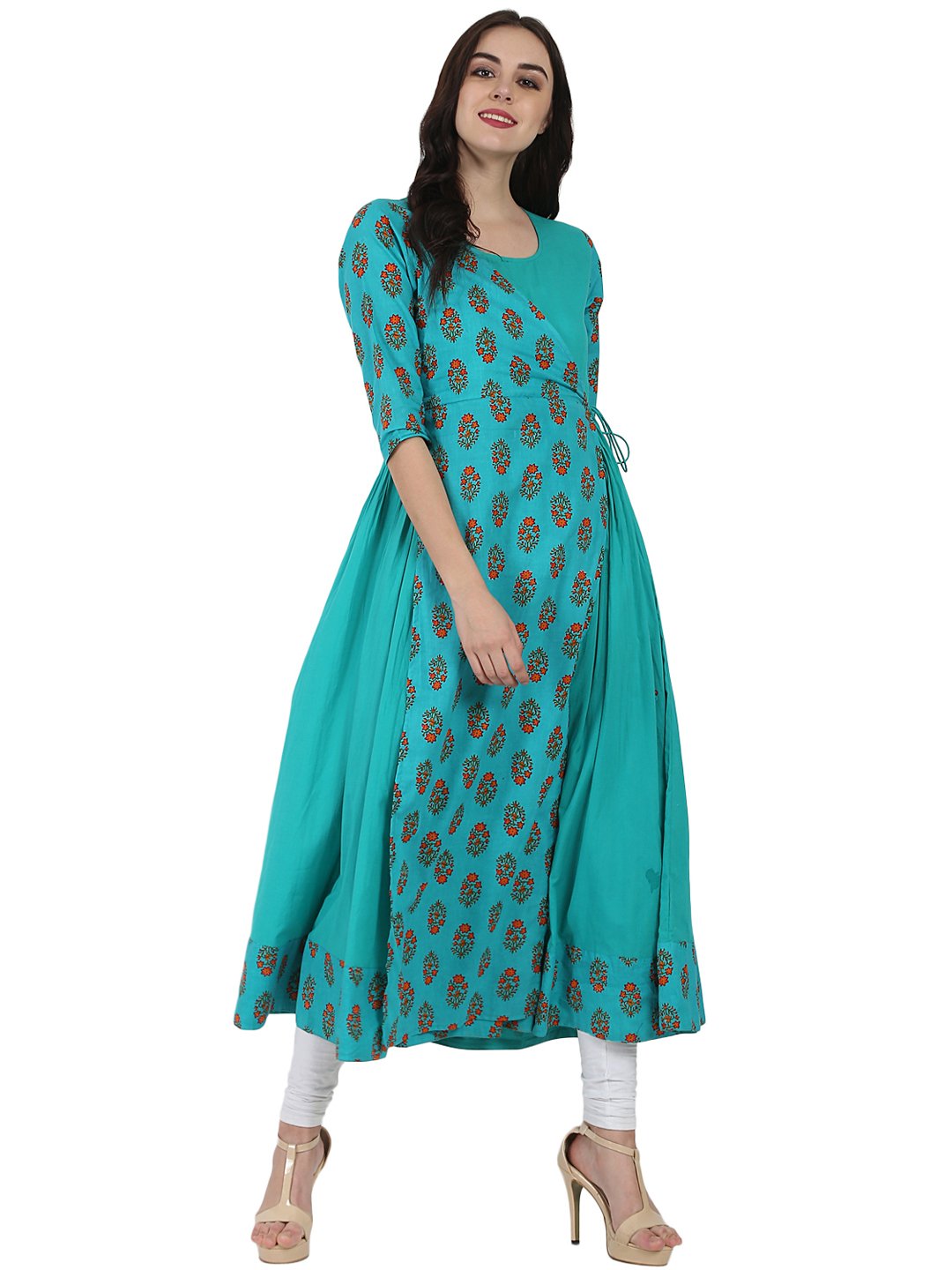Women's Blue Printed 3/4Th Sleeve Cotton Angrakha Style Kurta