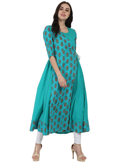 Women's Blue Printed 3/4Th Sleeve Cotton Angrakha Style Kurta
