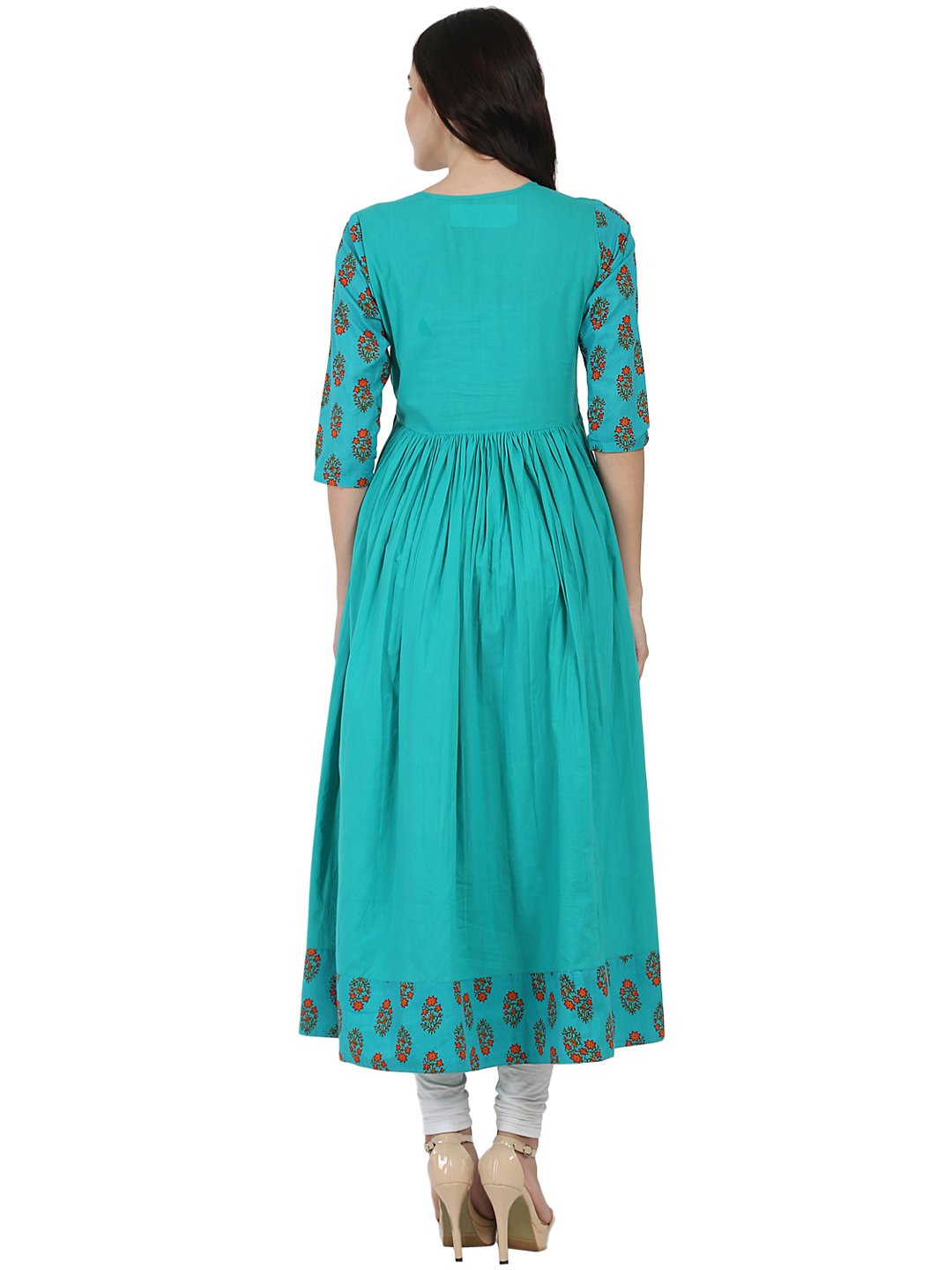Women's Blue Printed 3/4Th Sleeve Cotton Angrakha Style Kurta