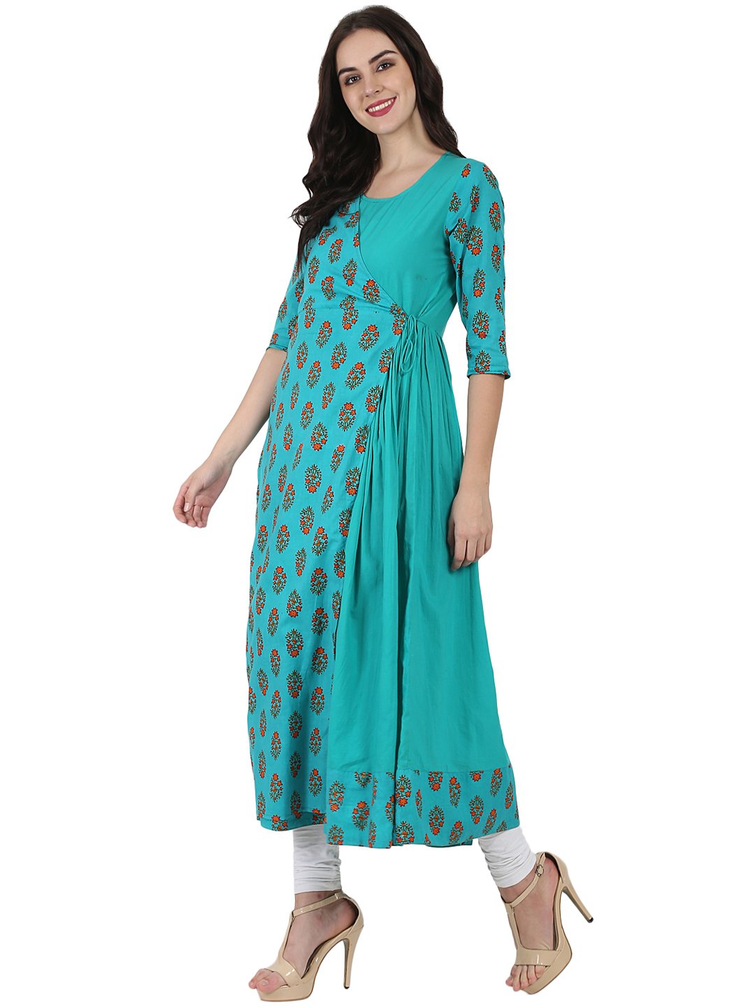 Women's Blue Printed 3/4Th Sleeve Cotton Angrakha Style Kurta