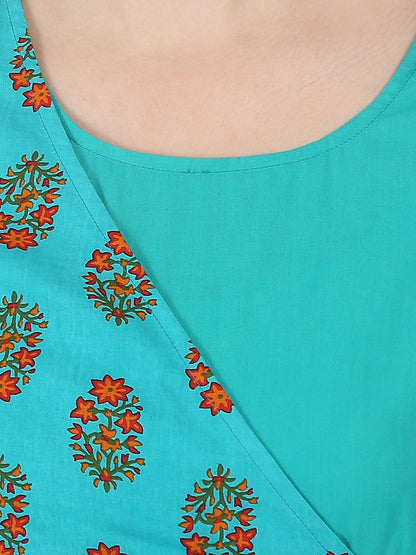 Women's Blue Printed 3/4Th Sleeve Cotton Angrakha Style Kurta