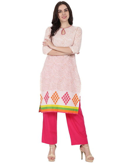 Women's Off White Printed 3/4Th Sleeve Cotton Kurta With Pink Palazzo