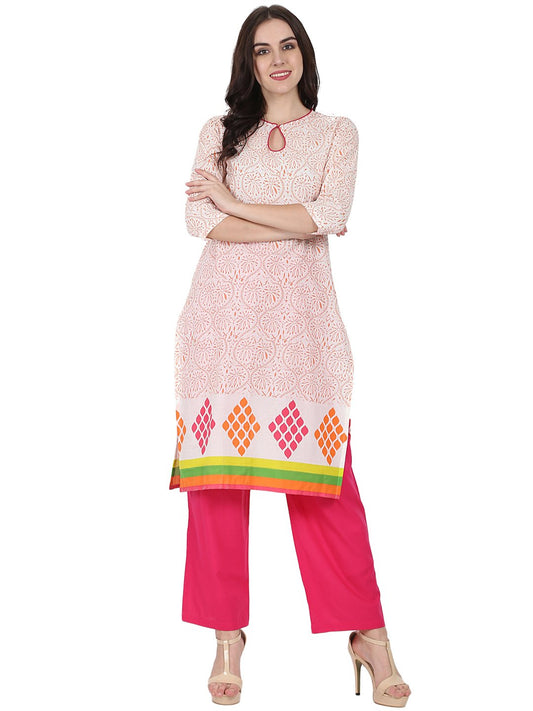 Women's Off White Printed 3/4Th Sleeve Cotton Kurta With Pink Palazzo