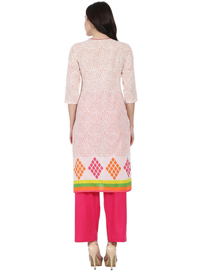 Women's Off White Printed 3/4Th Sleeve Cotton Kurta With Pink Palazzo