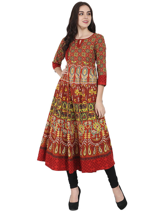 Women's Rust Brown Printed 3/4Th Sleeve Cotton Anarkali Kurta