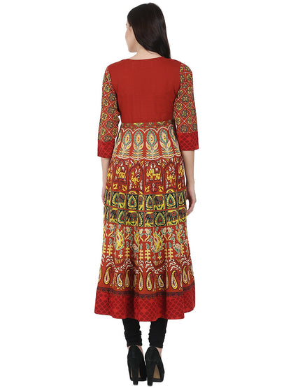 Women's Rust Brown Printed 3/4Th Sleeve Cotton Anarkali Kurta