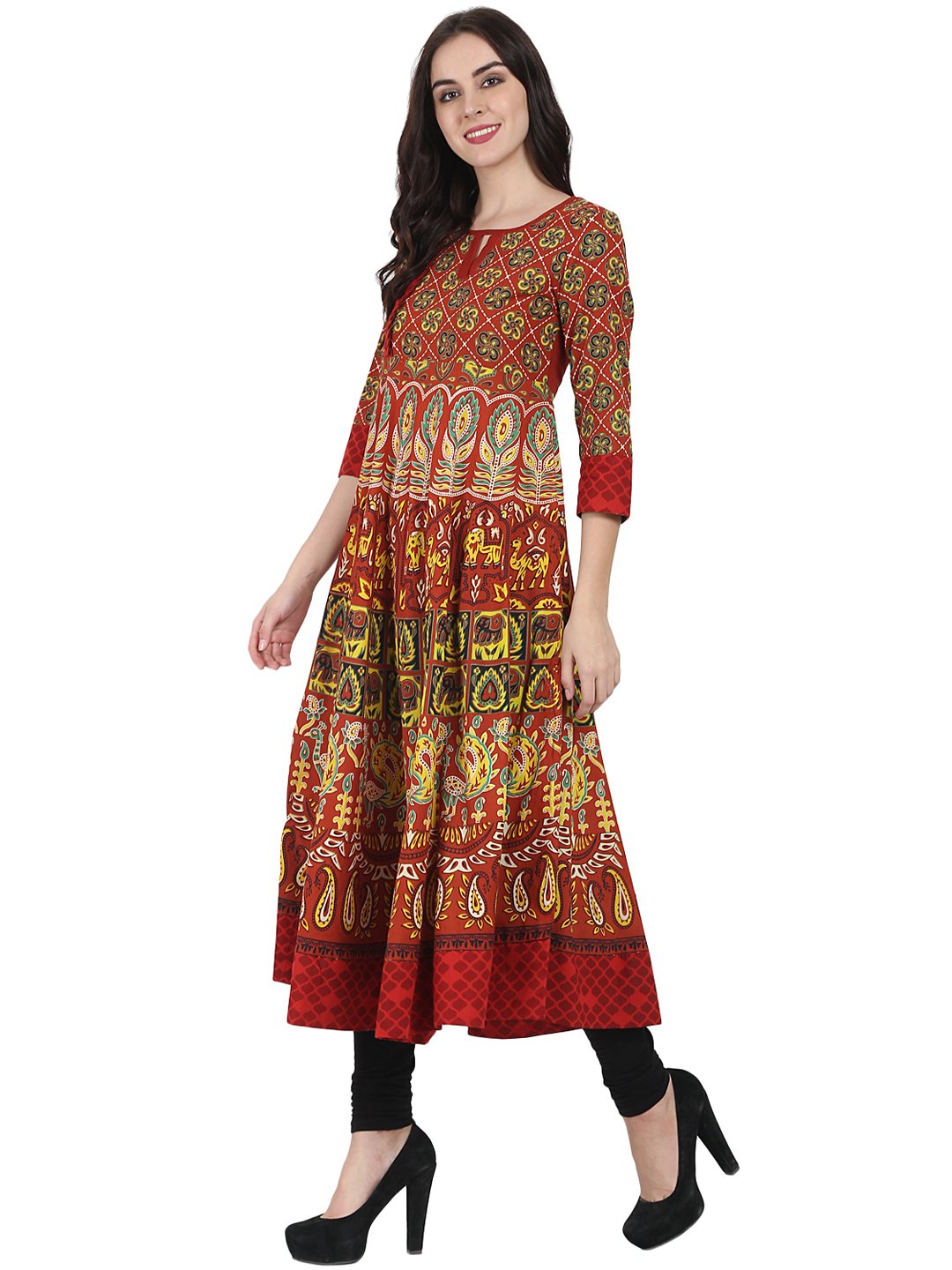 Women's Rust Brown Printed 3/4Th Sleeve Cotton Anarkali Kurta