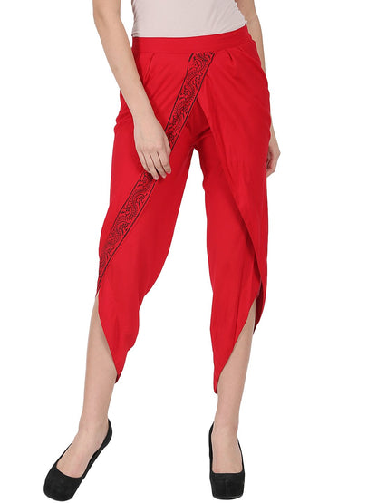 Women's Red Ankle Length Rayon Block Printed Dhoti