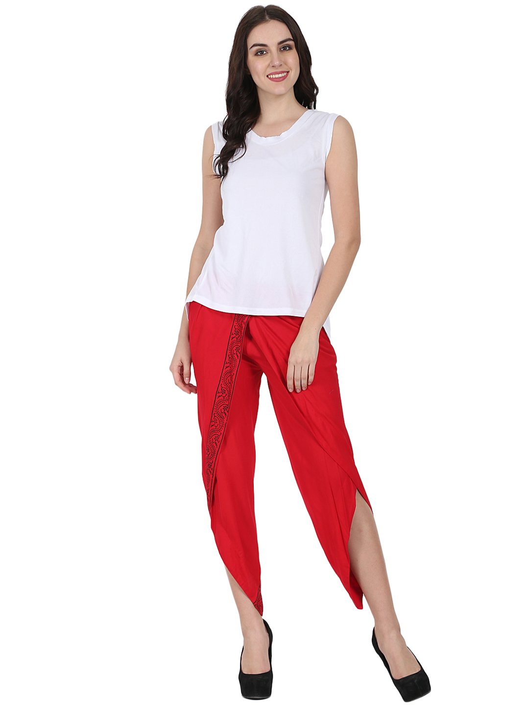 Women's Red Ankle Length Rayon Block Printed Dhoti