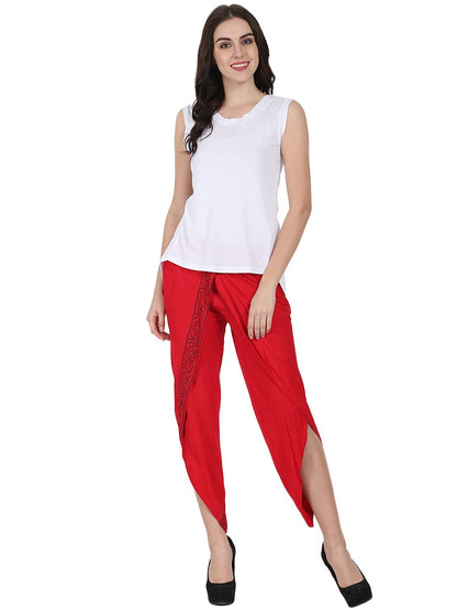 Women's Red Ankle Length Rayon Block Printed Dhoti