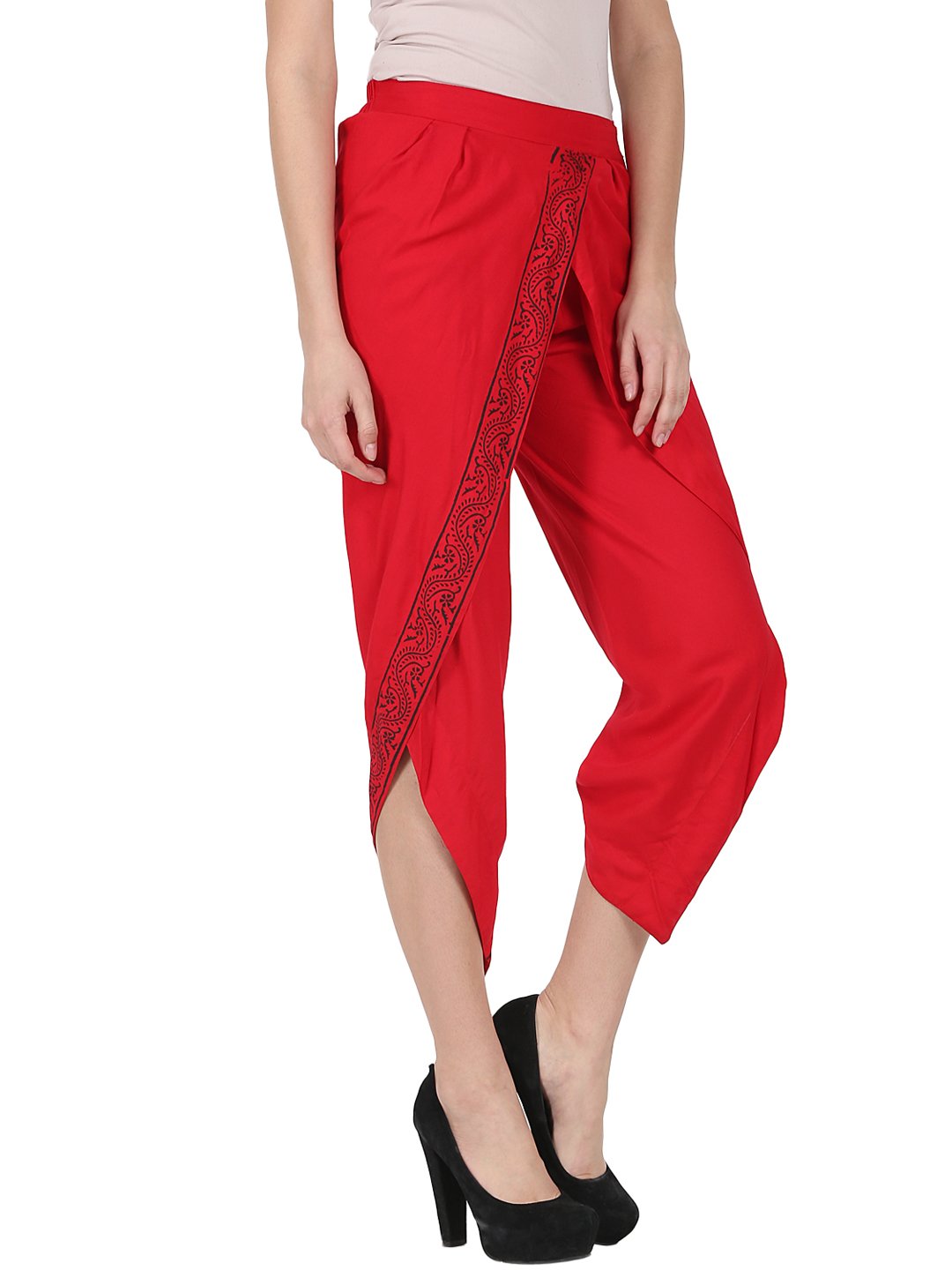 Women's Red Ankle Length Rayon Block Printed Dhoti