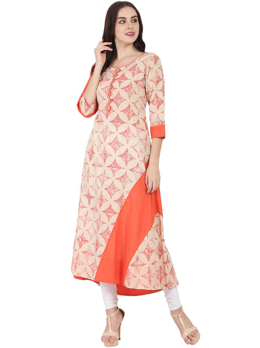 Women's White & Peach Printed 3/4Th Sleeve A-Line Kurta
