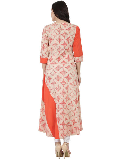 Women's White & Peach Printed 3/4Th Sleeve A-Line Kurta