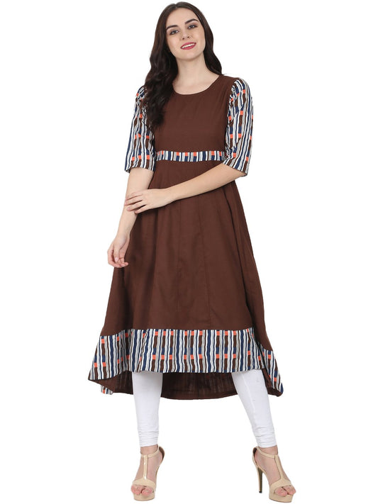Women's Coffee Brown 3/4Th Sleeve Cotton Slub Anarkali Kurta