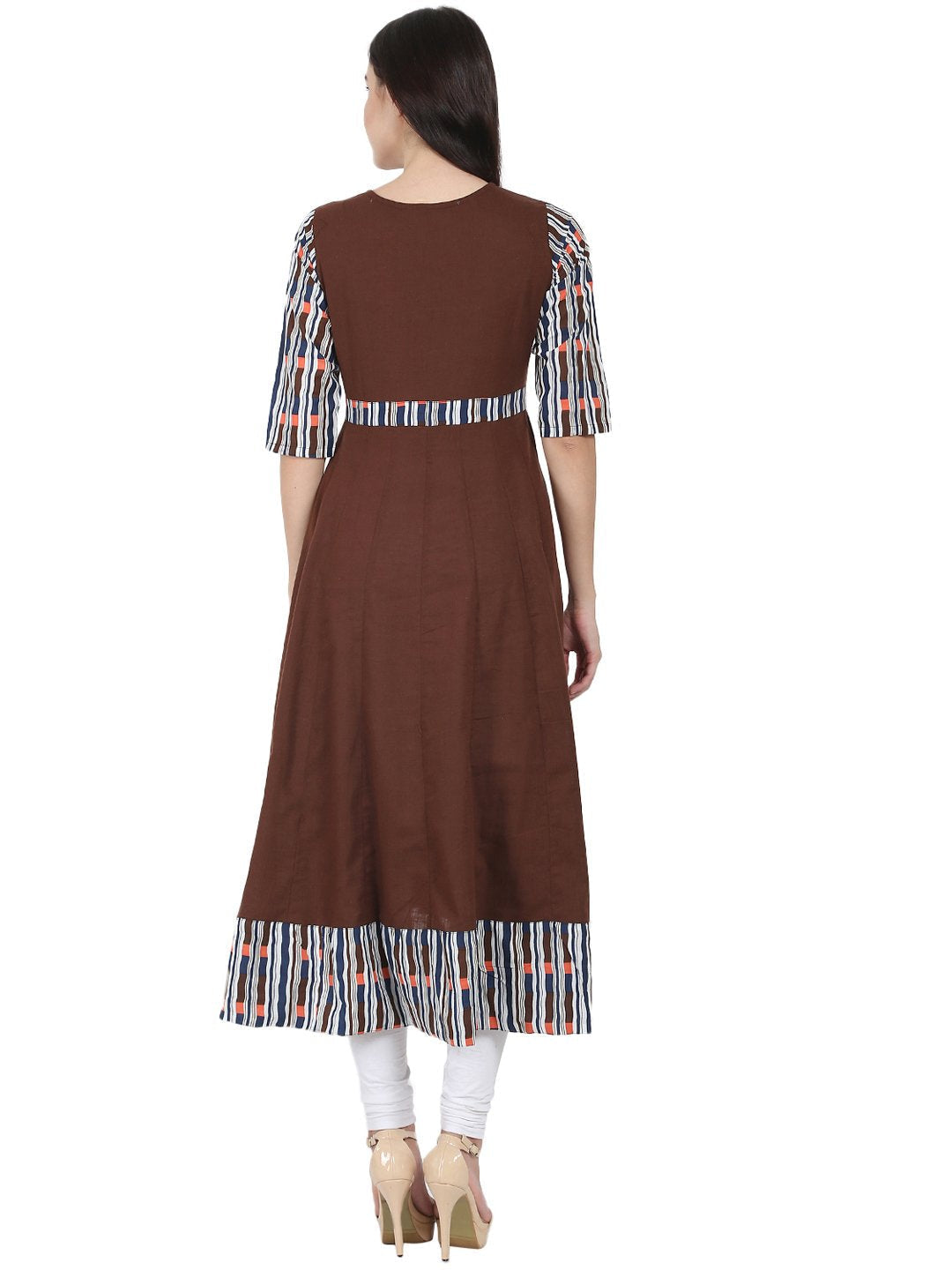 Women's Coffee Brown 3/4Th Sleeve Cotton Slub Anarkali Kurta