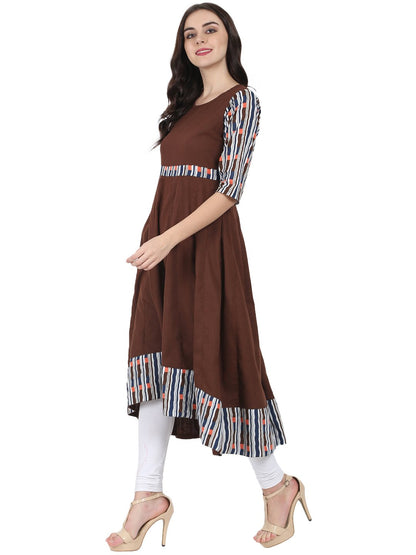 Women's Coffee Brown 3/4Th Sleeve Cotton Slub Anarkali Kurta