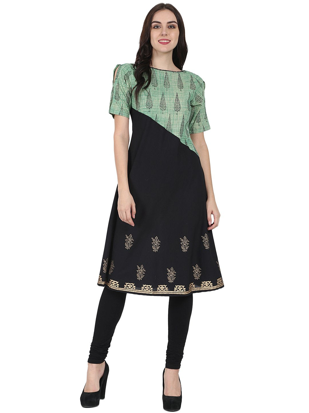 Women's Black & Green Half Sleeve Cotton Block Printed Kurta