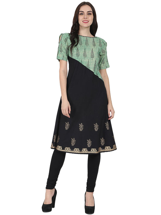 Women's Black & Green Half Sleeve Cotton Block Printed Kurta