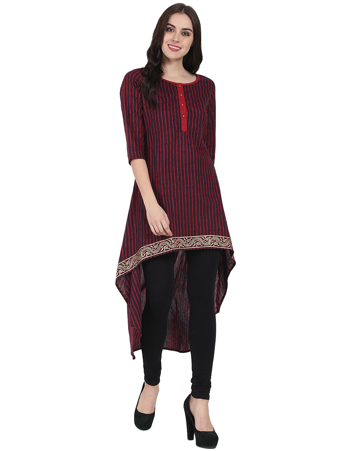 Women's Maroon & Blue 3/4Th Sleeve Block Printed Low High Kurta