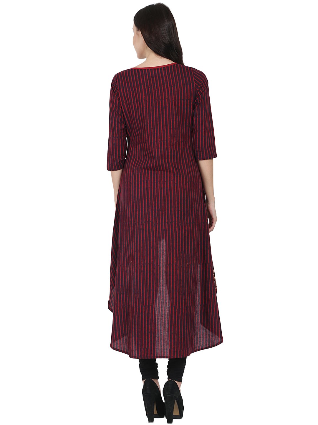 Women's Maroon & Blue 3/4Th Sleeve Block Printed Low High Kurta