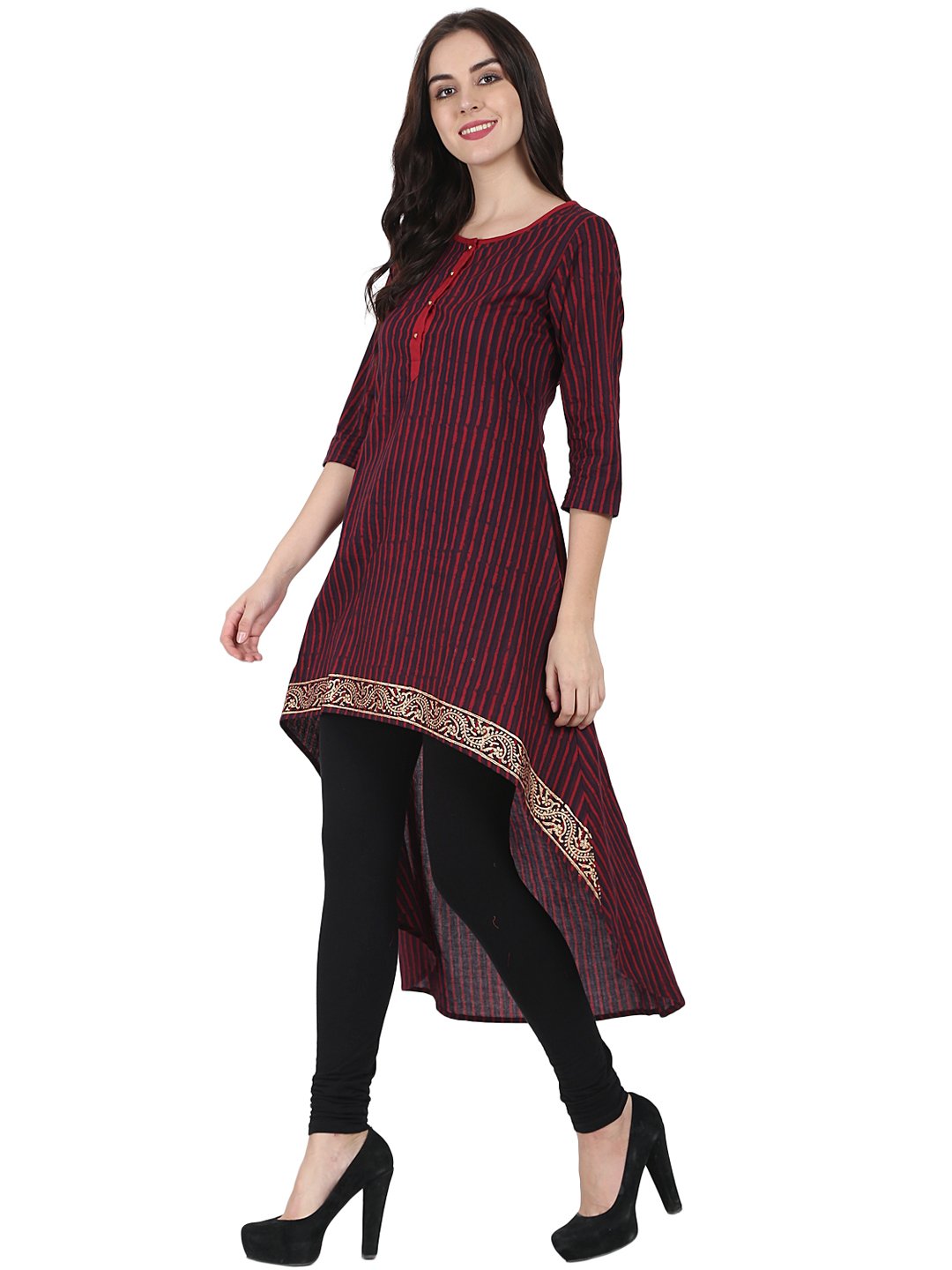 Women's Maroon & Blue 3/4Th Sleeve Block Printed Low High Kurta