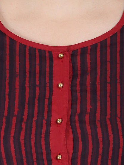 Women's Maroon & Blue 3/4Th Sleeve Block Printed Low High Kurta