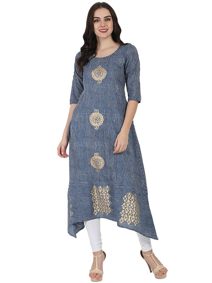 Women's Blue 3/4Th Sleeve Block Printed A-Line Kurta