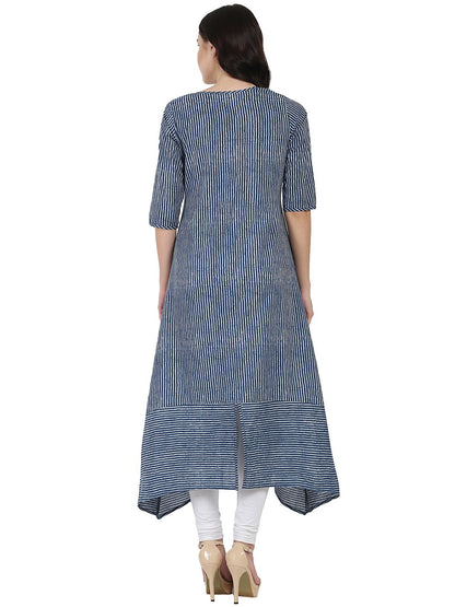 Women's Blue 3/4Th Sleeve Block Printed A-Line Kurta