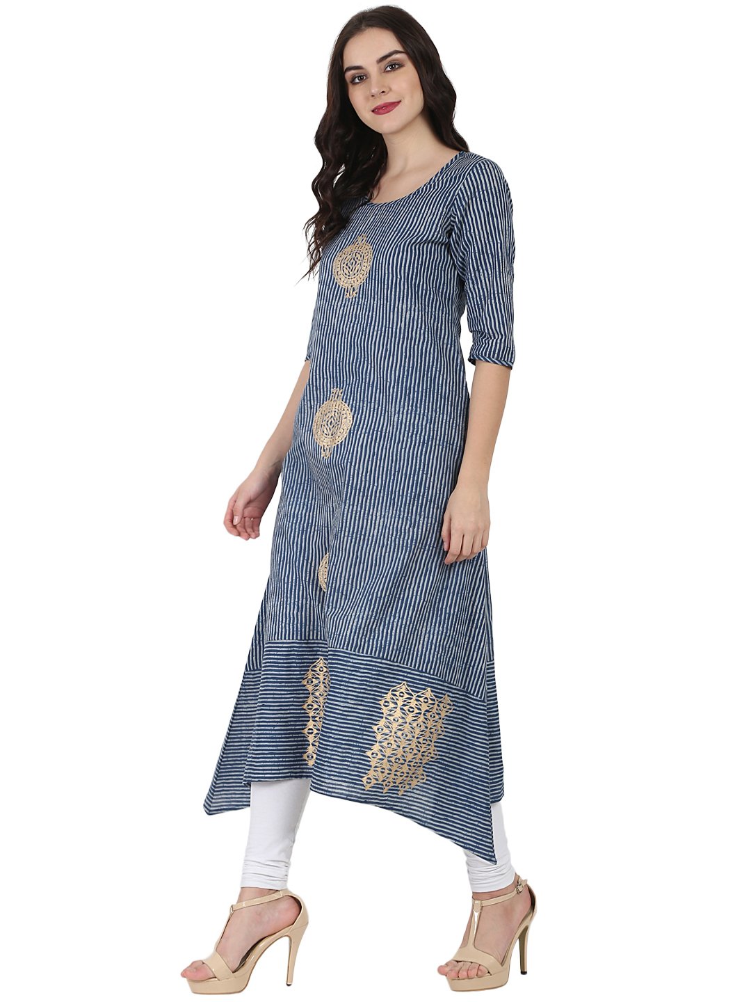 Women's Blue 3/4Th Sleeve Block Printed A-Line Kurta