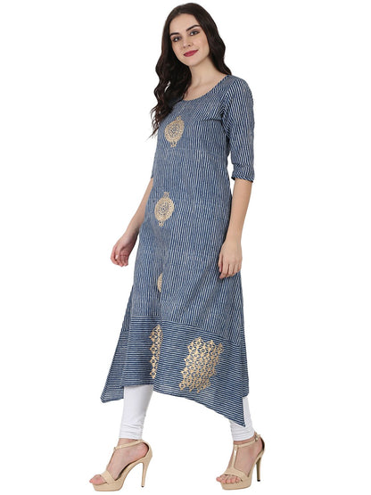 Women's Blue 3/4Th Sleeve Block Printed A-Line Kurta