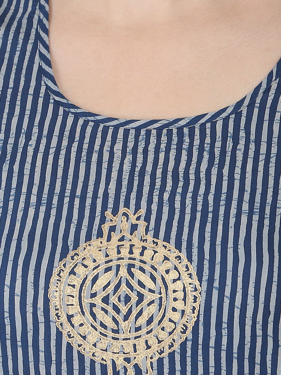 Women's Blue 3/4Th Sleeve Block Printed A-Line Kurta