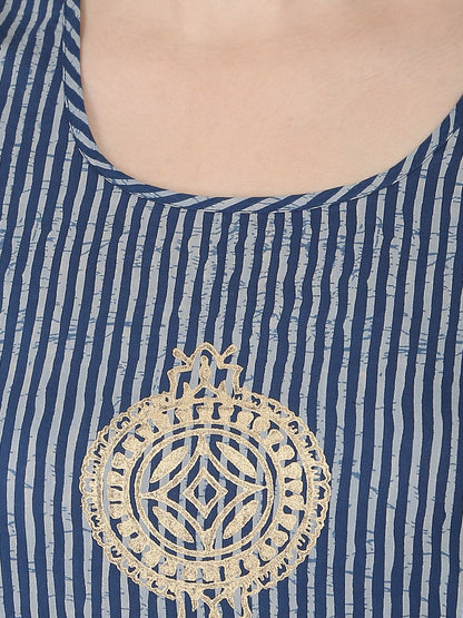 Women's Blue 3/4Th Sleeve Block Printed A-Line Kurta