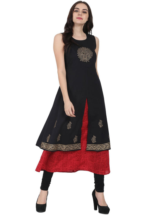 Women's Black & Red Block Printed Sleeveless Cotton Double Layer Kurta