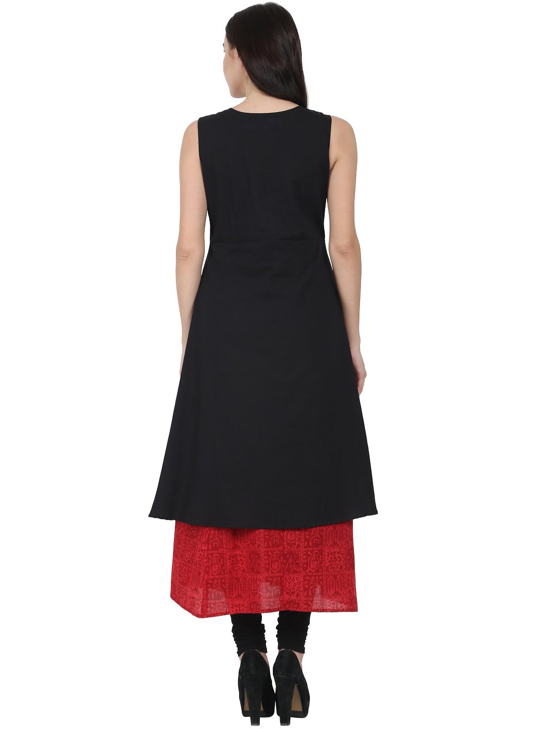 Women's Black & Red Block Printed Sleeveless Cotton Double Layer Kurta