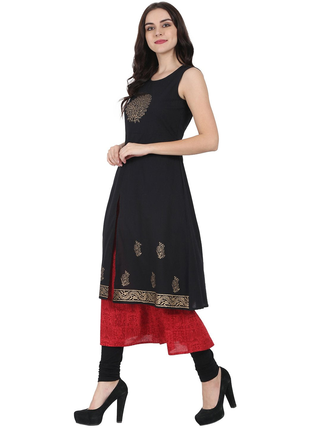 Women's Black & Red Block Printed Sleeveless Cotton Double Layer Kurta