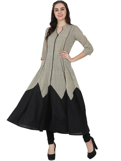 Women's Off White & Black 3/4Th Sleeve Cotton A-Line Kurta