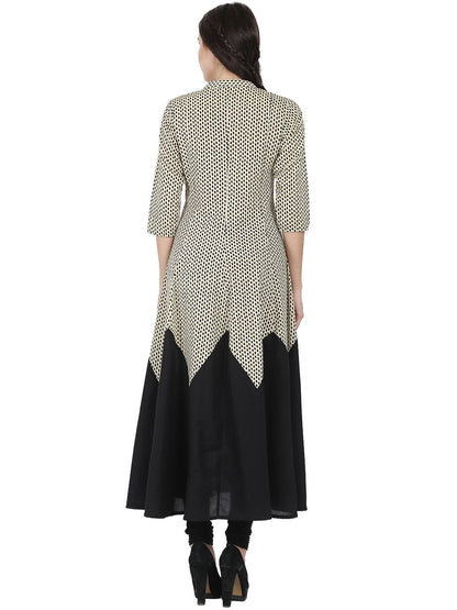 Women's Off White & Black 3/4Th Sleeve Cotton A-Line Kurta
