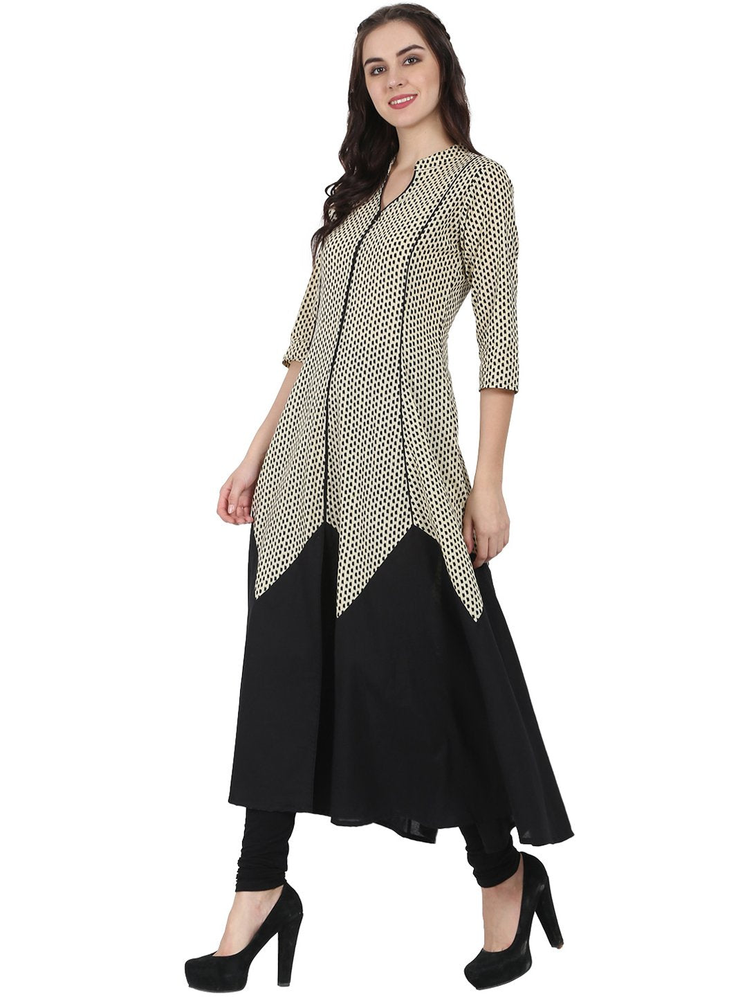 Women's Off White & Black 3/4Th Sleeve Cotton A-Line Kurta