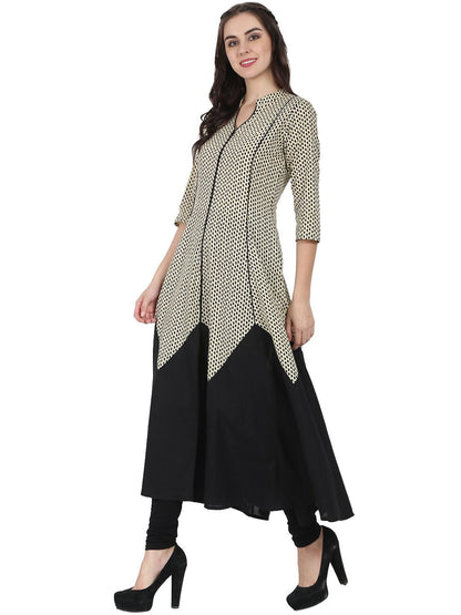 Women's Off White & Black 3/4Th Sleeve Cotton A-Line Kurta