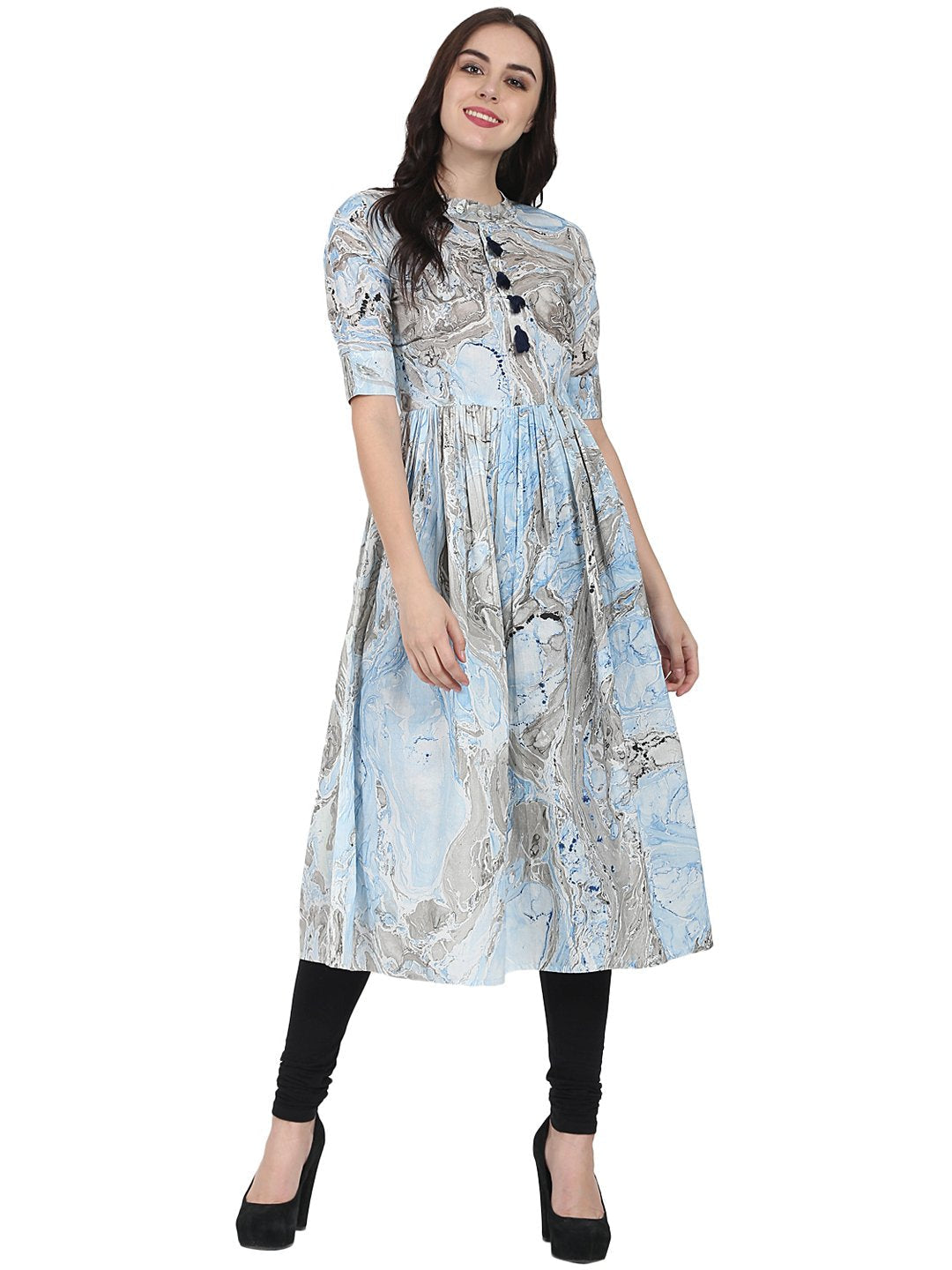 Women's Blue Marbal Printed Half Sleeve Cotton Anarkali Kurta
