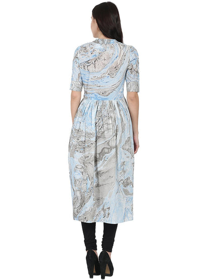 Women's Blue Marbal Printed Half Sleeve Cotton Anarkali Kurta