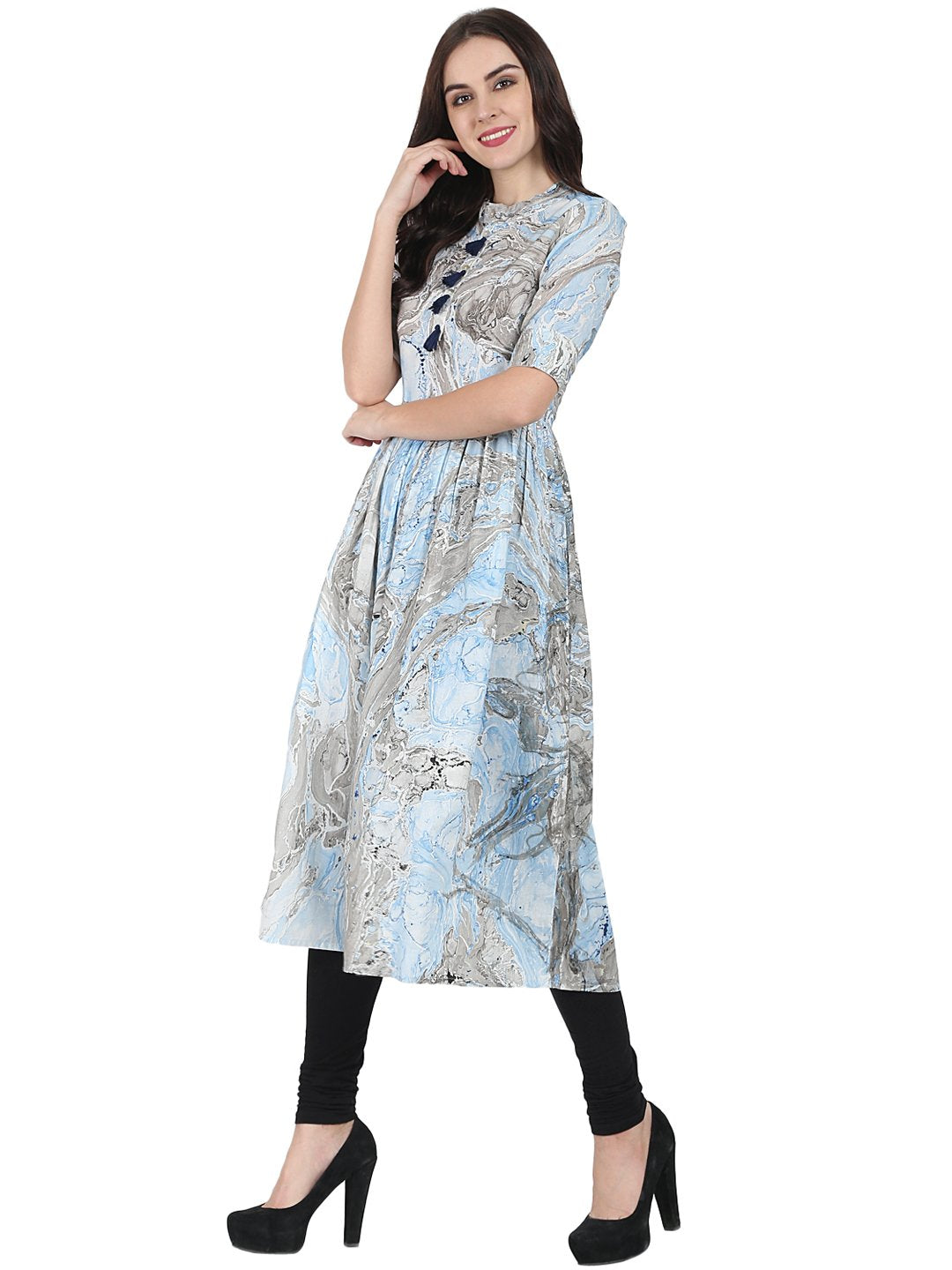 Women's Blue Marbal Printed Half Sleeve Cotton Anarkali Kurta