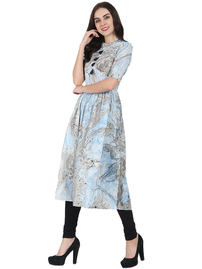 Women's Blue Marbal Printed Half Sleeve Cotton Anarkali Kurta