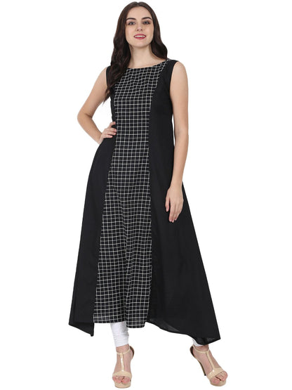 Women's Black Printed Sleeveless Cotton Floor Length A-Line Kurta