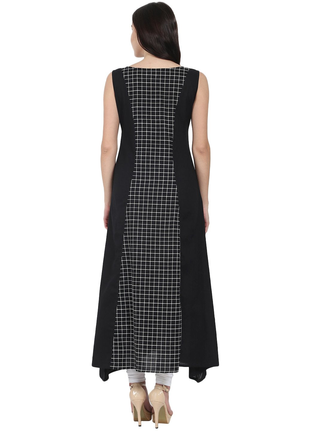 Women's Black Printed Sleeveless Cotton Floor Length A-Line Kurta