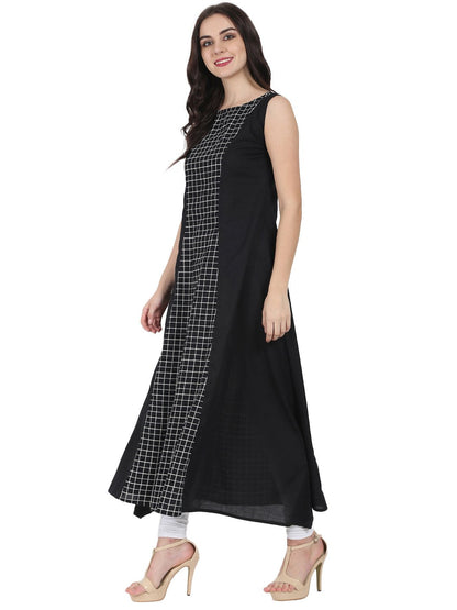 Women's Black Printed Sleeveless Cotton Floor Length A-Line Kurta