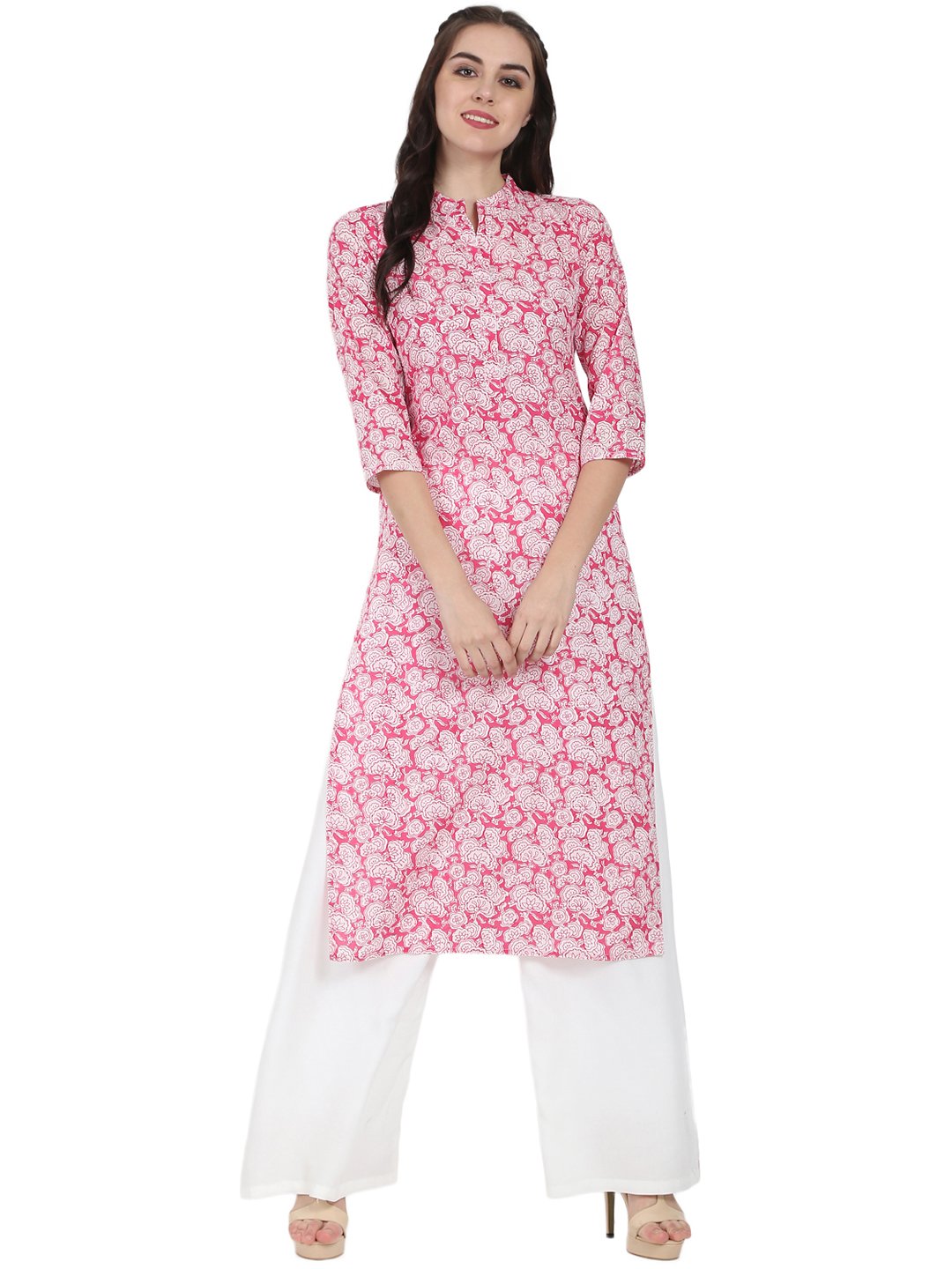 Women's Pink Printed 3/4Th Sleeve Cotton Kurta
